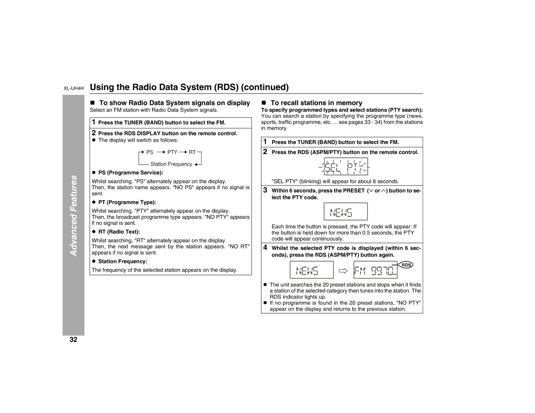 Sharp XL-UH4H operation manual To show Radio Data System signals on display, To recall stations in memory 