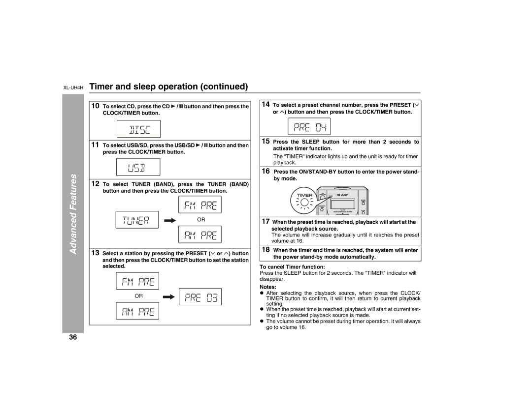 Sharp XL-UH4H operation manual Timer and sleep operation 