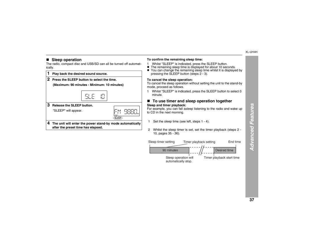 Sharp XL-UH4H operation manual Sleep operation, To use timer and sleep operation together 