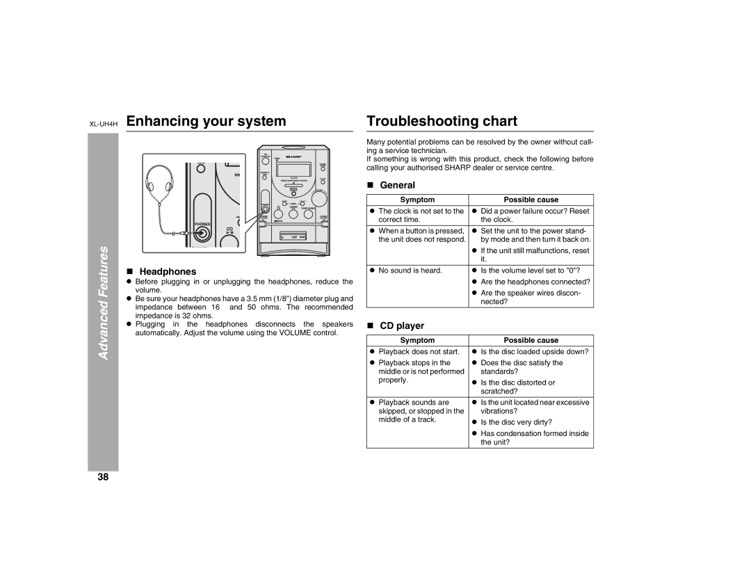 Sharp operation manual XL-UH4HEnhancing your system Troubleshooting chart, Headphones, CD player, Symptom Possible cause 