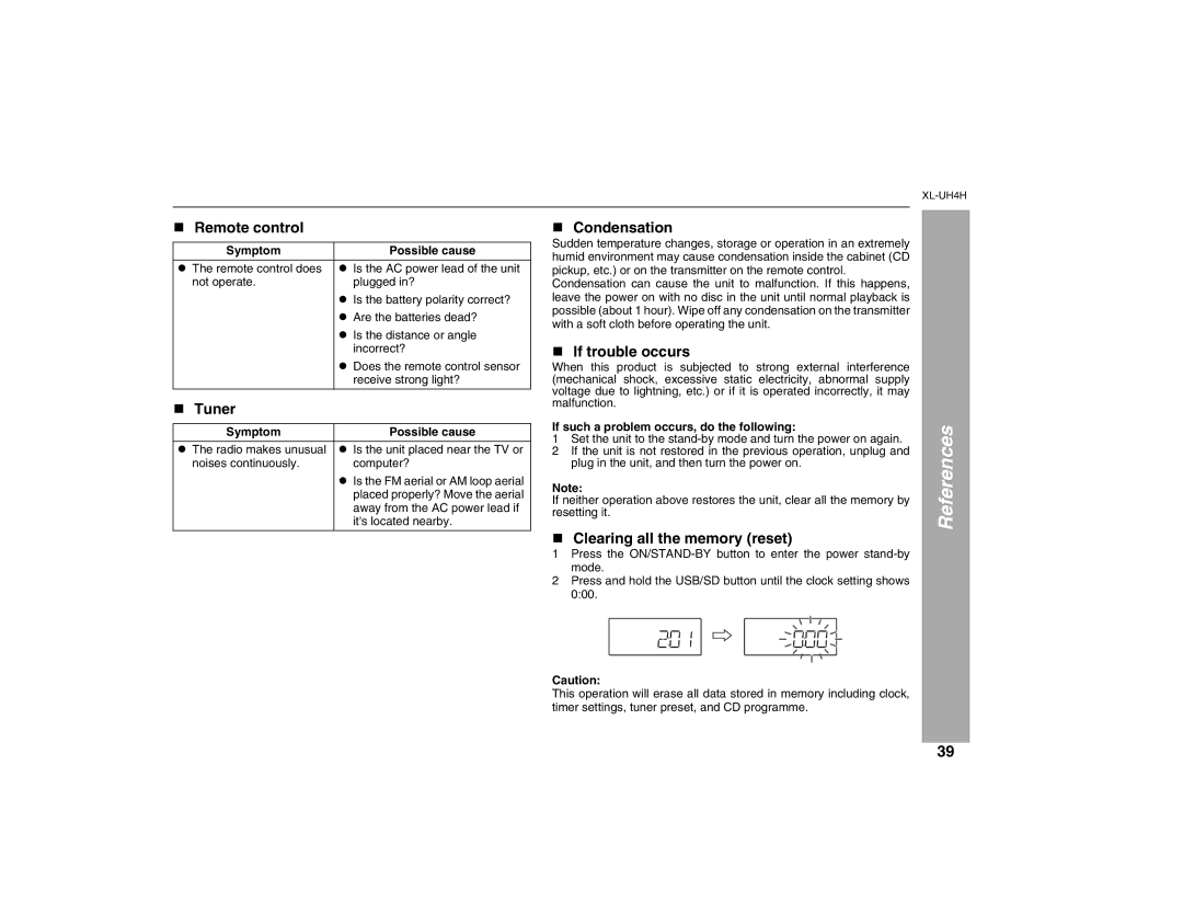 Sharp XL-UH4H operation manual References, Tuner, Condensation, If trouble occurs, Clearing all the memory reset 