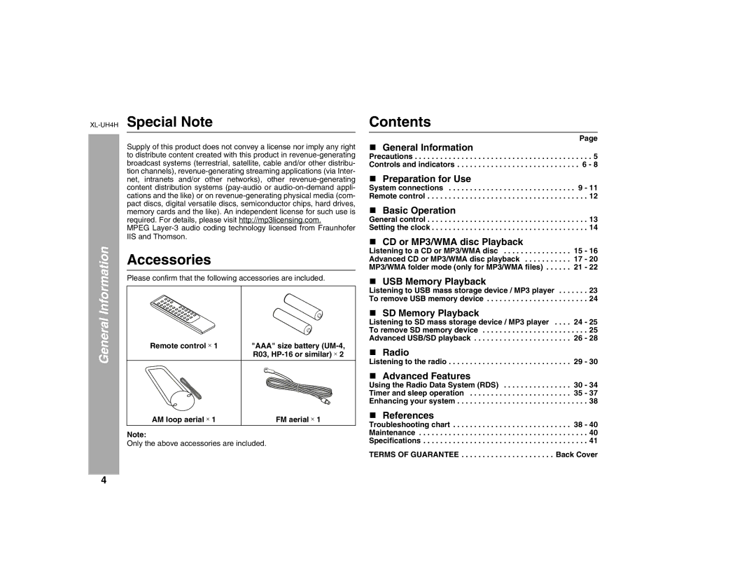 Sharp operation manual XL-UH4HSpecial Note, Accessories, Contents 