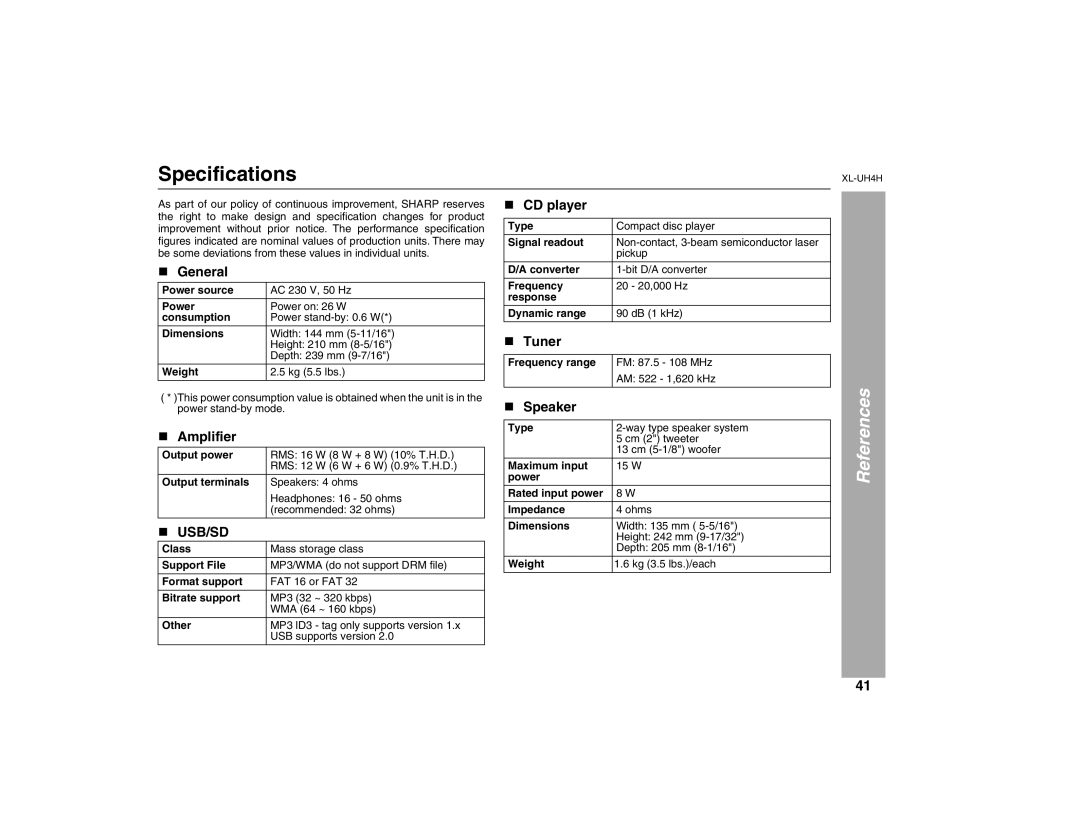 Sharp XL-UH4H operation manual Specifications 