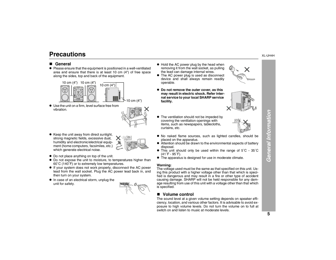 Sharp XL-UH4H operation manual Precautions, General Information, Volume control 