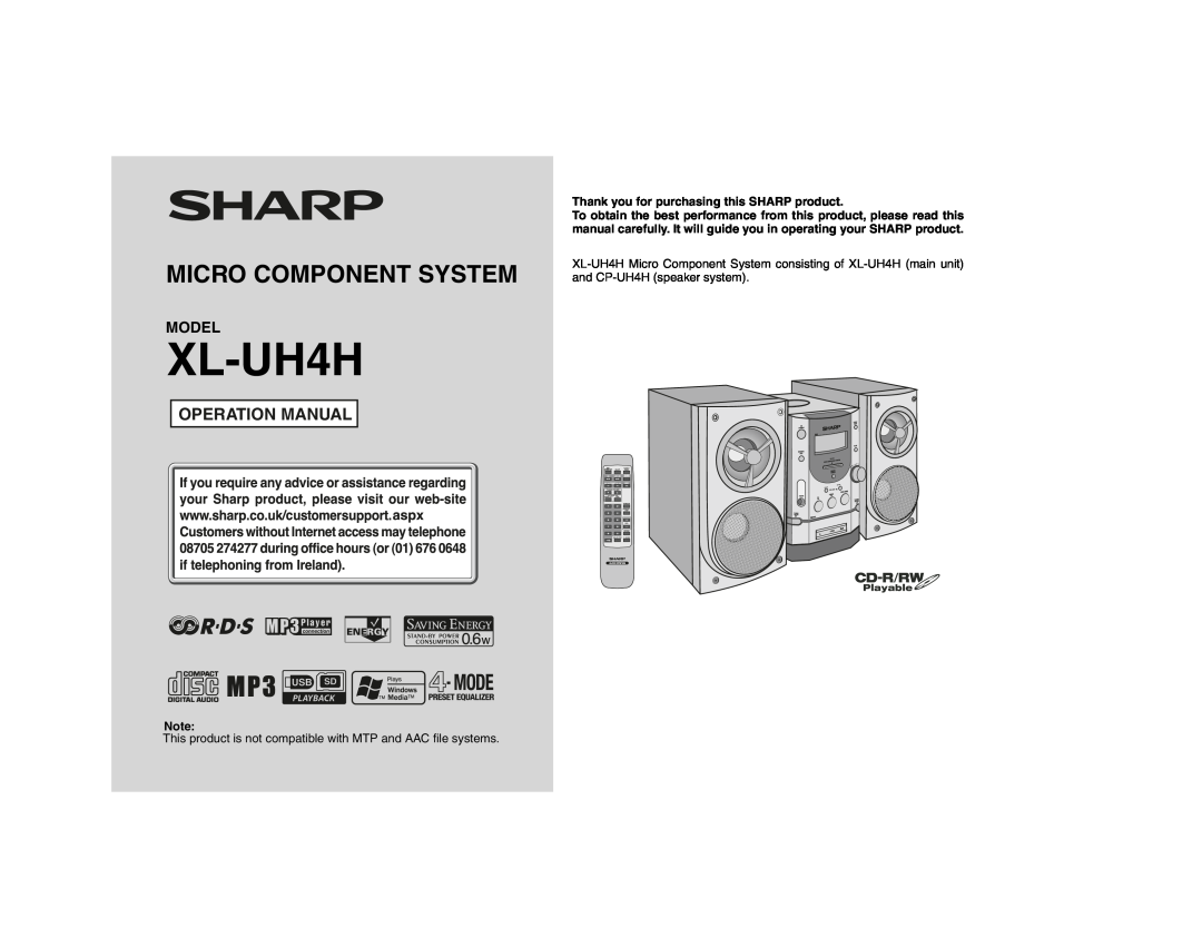 Sharp XL-UH4H operation manual Operation Manual, Model, Micro Component System 