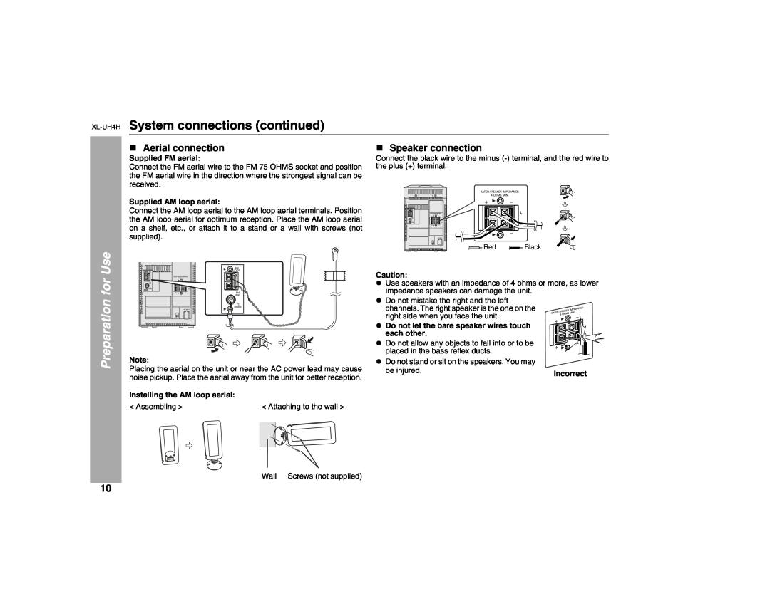Sharp XL-UH4H operation manual System connections continued, Aerial connection, Speaker connection, Preparation for Use 