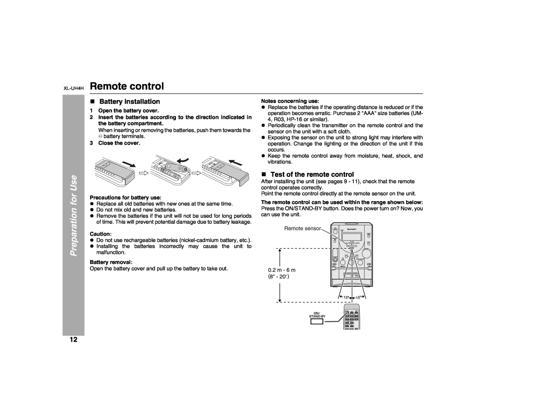 Sharp XL-UH4H operation manual Remote control, Battery installation, Test of the remote control, Preparation for Use 