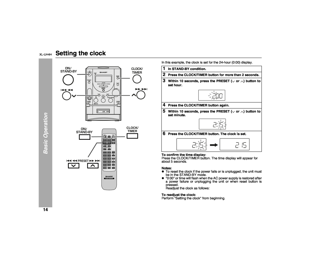 Sharp XL-UH4H operation manual Setting the clock, Basic Operation 
