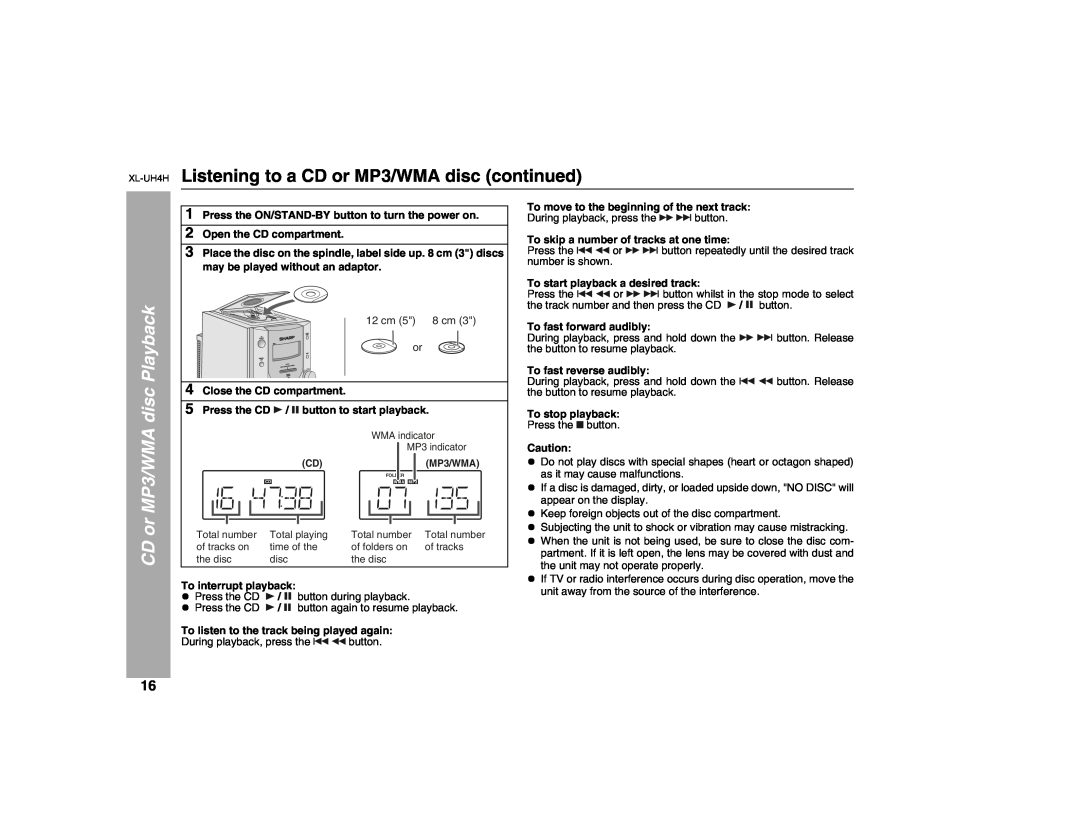 Sharp operation manual XL-UH4H Listening to a CD or MP3/WMA disc continued, 12 cm 5 8 cm or, CD or MP3/WMA disc Playback 