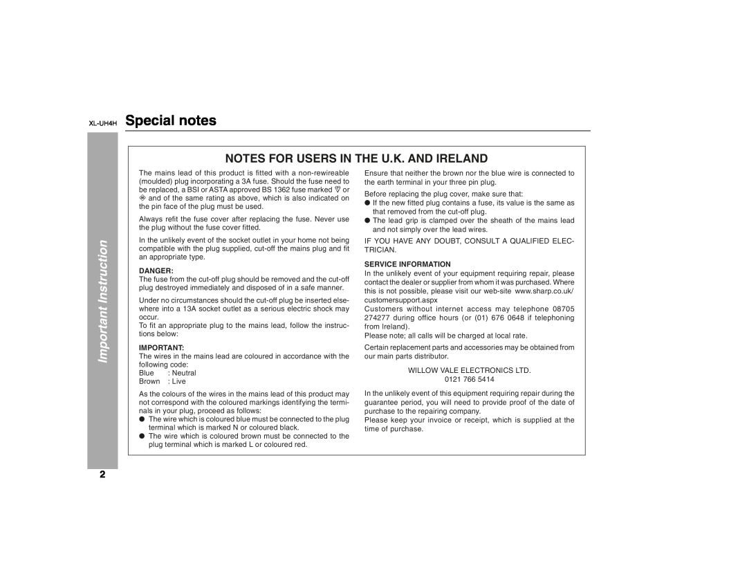 Sharp operation manual XL-UH4H Special notes, Important Instruction, Notes For Users In The U.K. And Ireland, Danger 