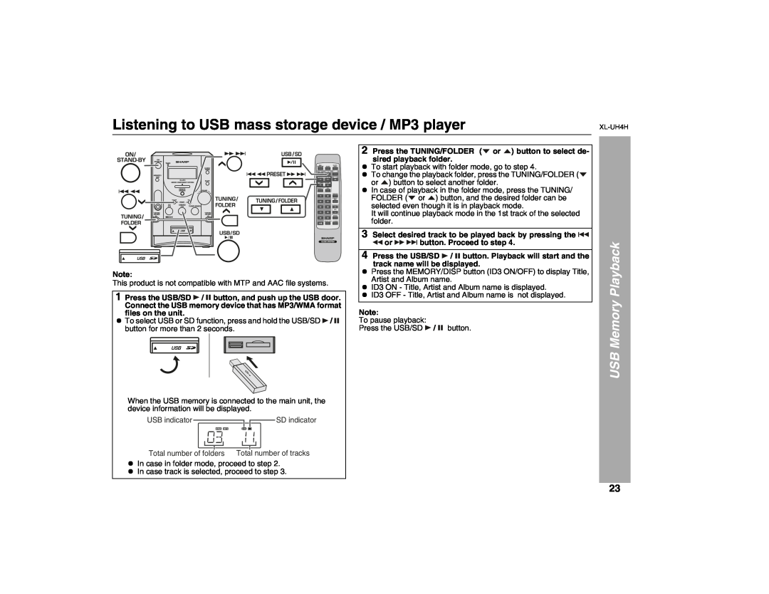 Sharp XL-UH4H operation manual Listening to USB mass storage device / MP3 player, USB Memory Playback 