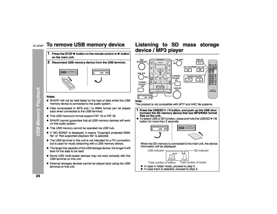 Sharp operation manual XL-UH4H To remove USB memory device, Listening to SD mass storage device / MP3 player, Playback 