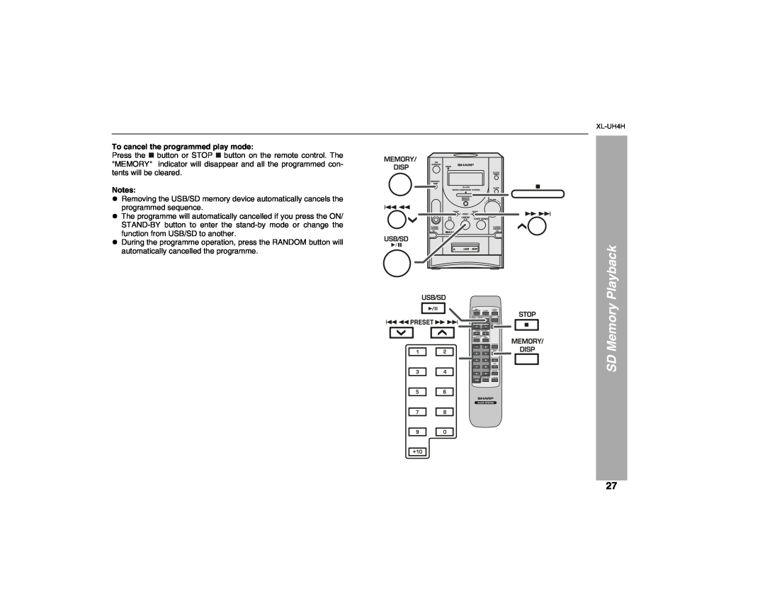 Sharp XL-UH4H operation manual SD Memory Playback, To cancel the programmed play mode 
