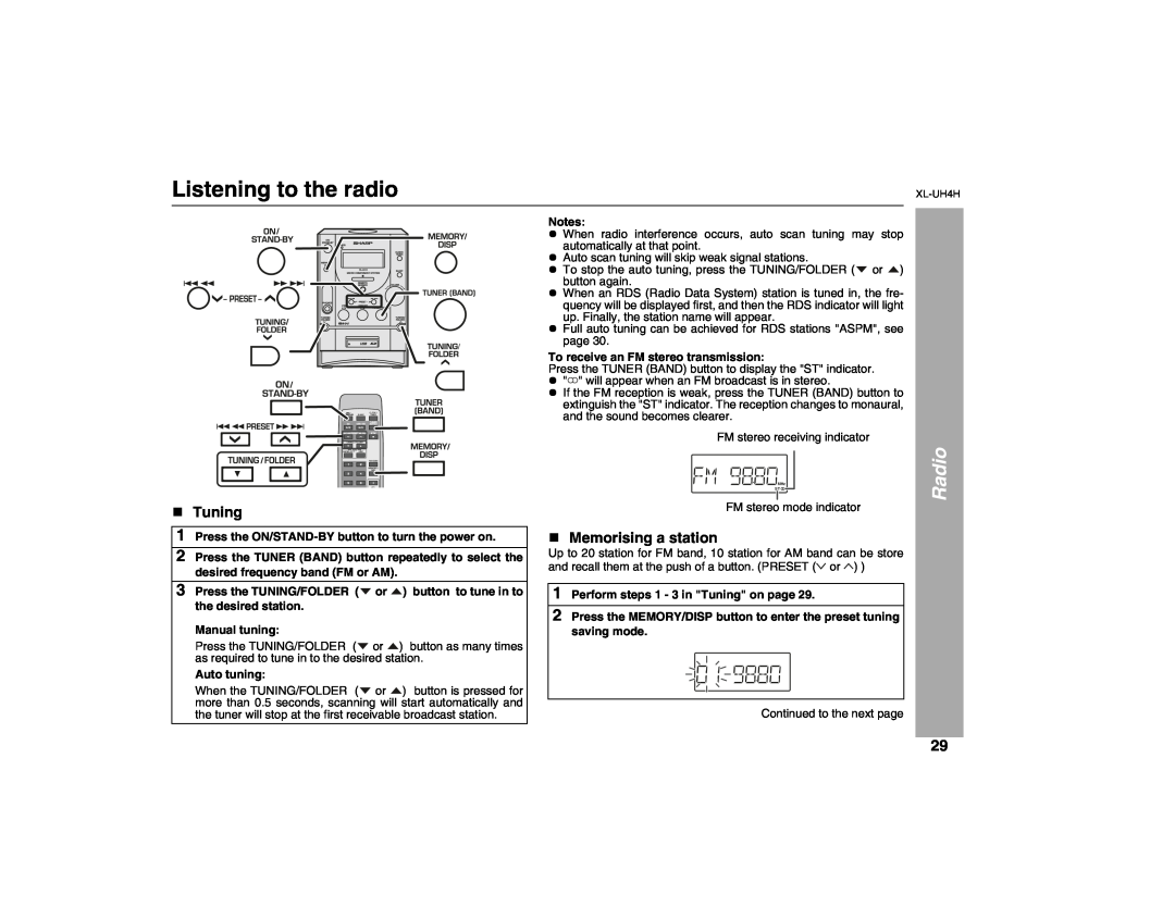 Sharp XL-UH4H operation manual Listening to the radio, Radio, Tuning, Memorising a station 