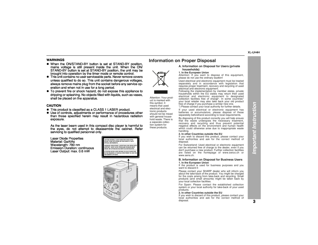 Sharp XL-UH4H operation manual Instruction, Information on Proper Disposal 