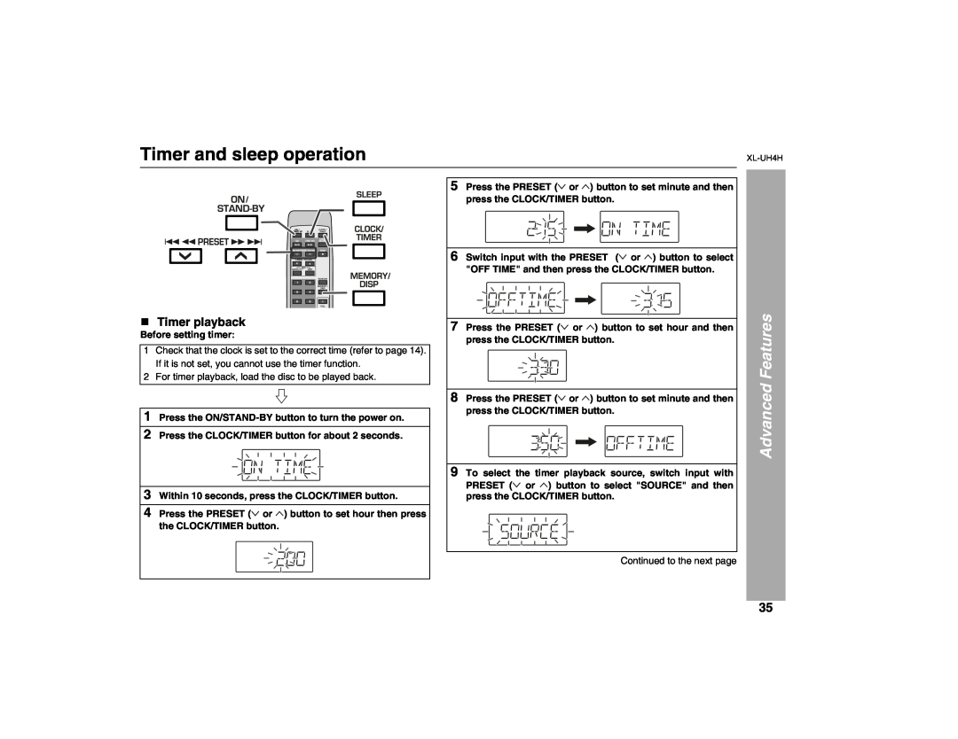 Sharp XL-UH4H operation manual Timer and sleep operation, Timer playback, Advanced Features 