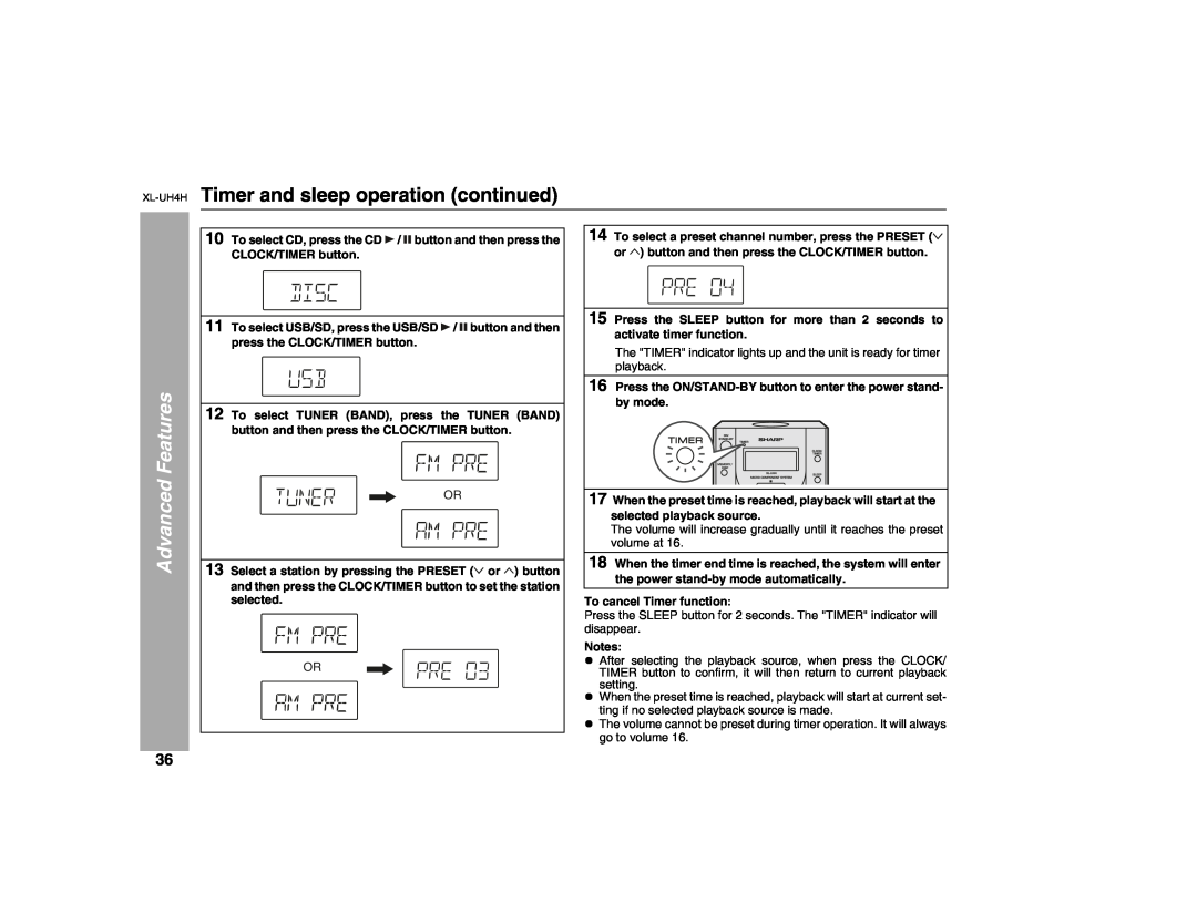 Sharp XL-UH4H operation manual Timer and sleep operation continued, Advanced Features 