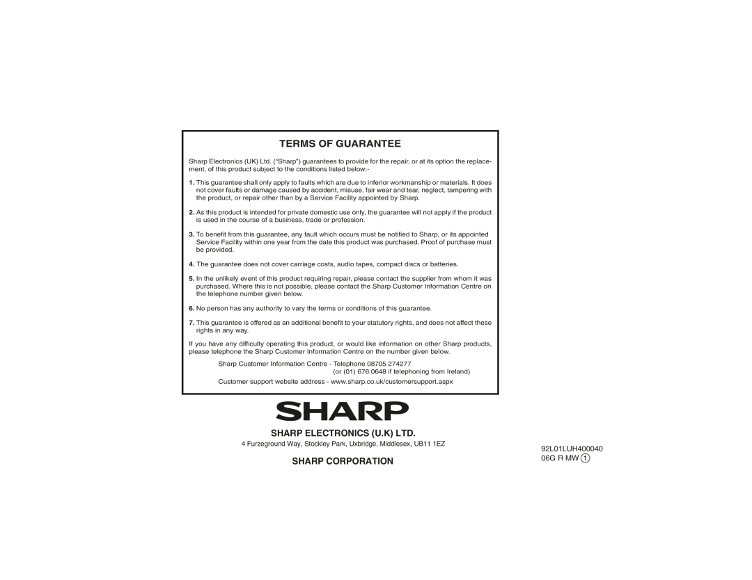Sharp XL-UH4H operation manual Terms Of Guarantee, Sharp Corporation, 92L01LUH400040 06G R MW 