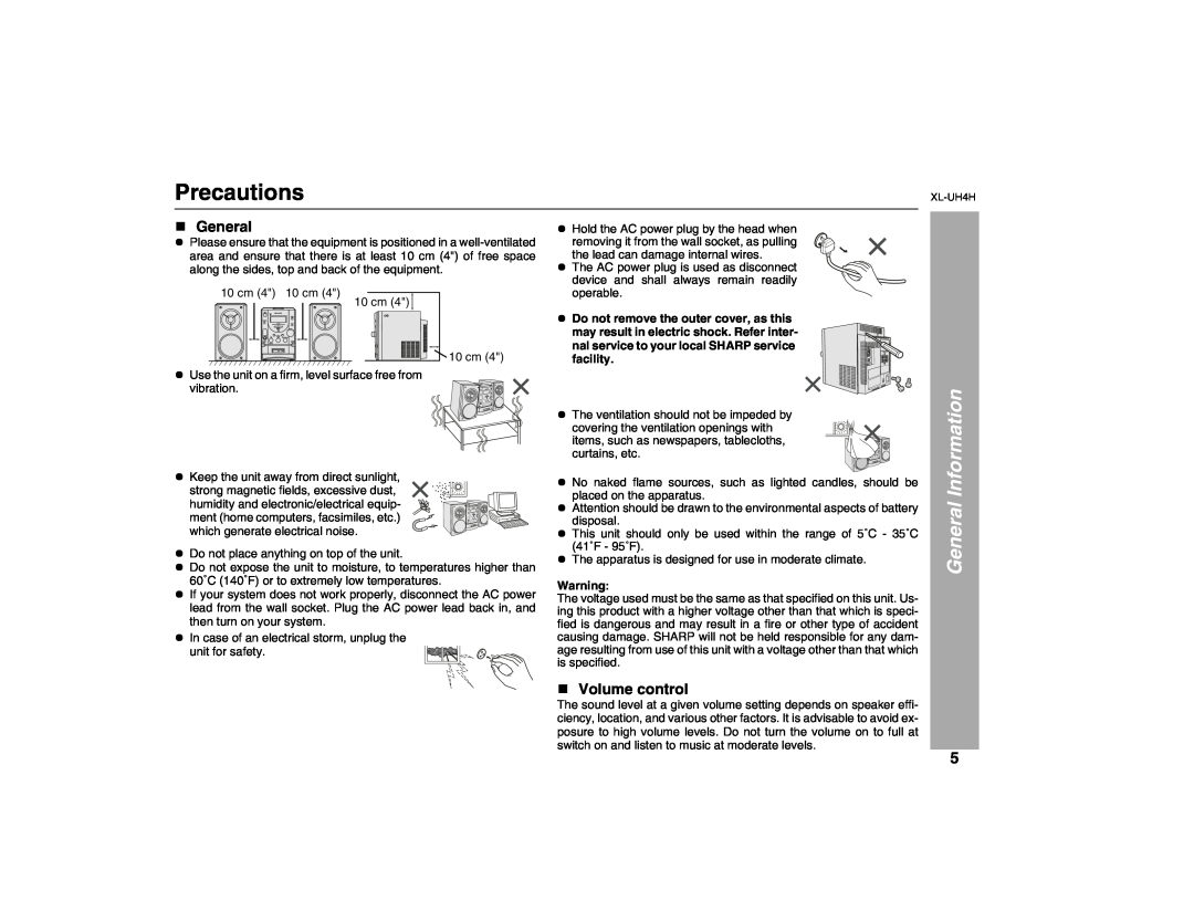 Sharp XL-UH4H operation manual Precautions, General Information, Volume control 