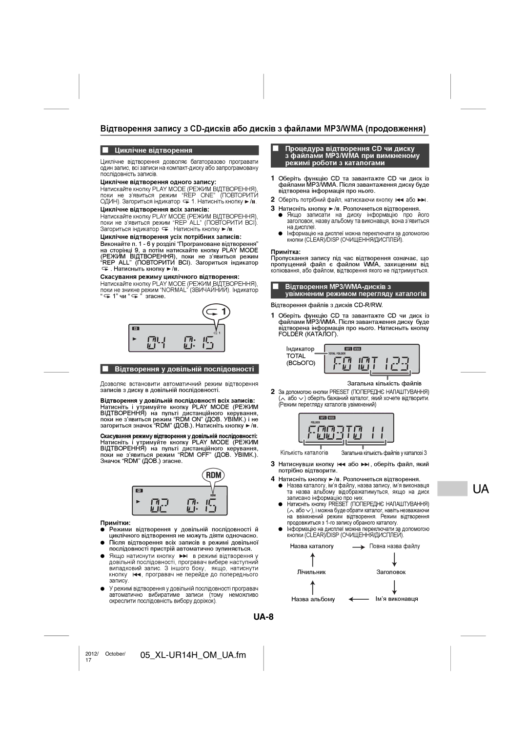 Sharp XL-UR14H operation manual UA-8, Циклічне відтворення, Відтворення у довільній послідовності 