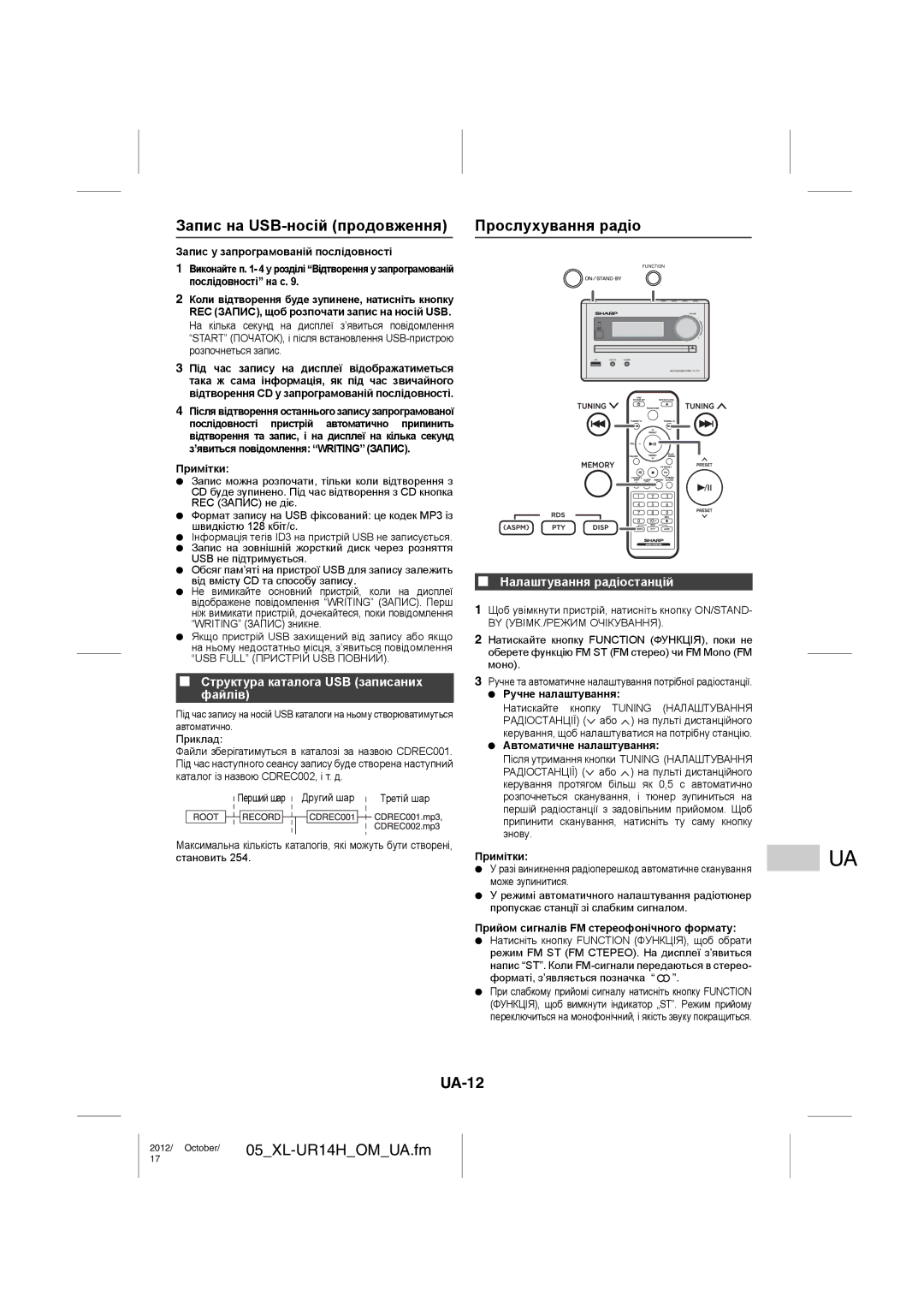 Sharp XL-UR14H Запис на USB-носій продовження, Прослухування радіо, UA-12, Структура каталога USB записаних файлів 