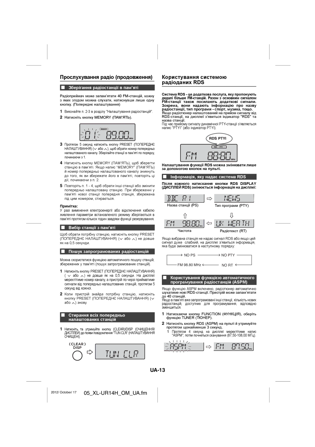 Sharp XL-UR14H operation manual Прослухування радіо продовження, Користування системою радіоданих RDS, UA-13 