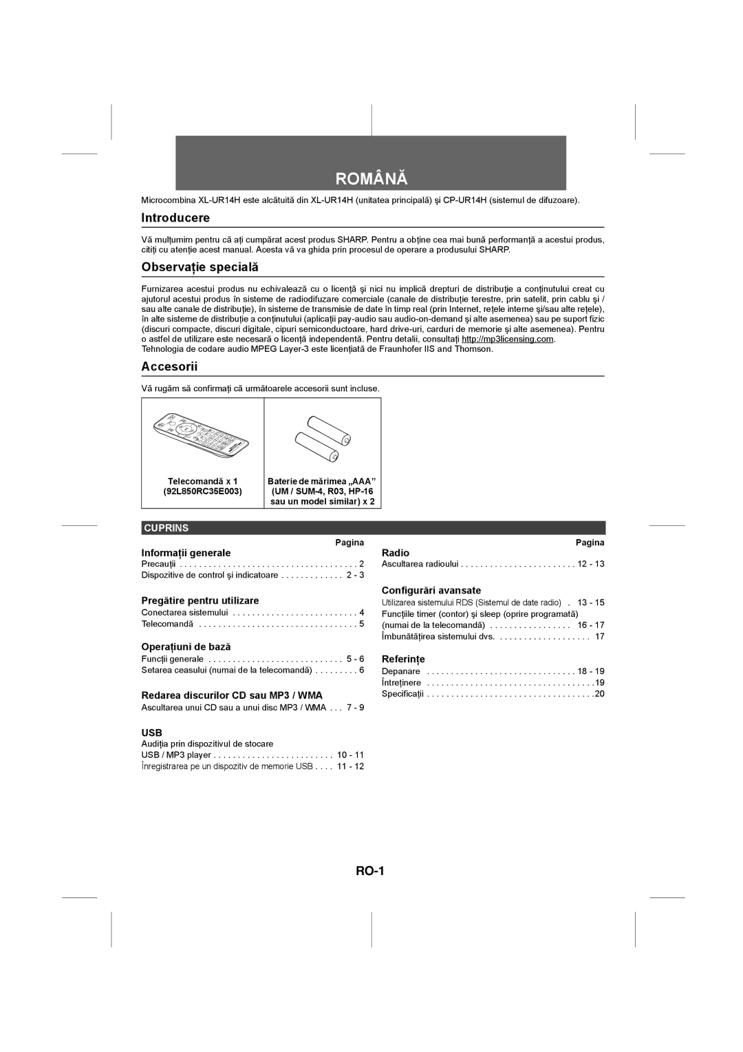 Sharp XL-UR14H operation manual Introducere, Observaţie specială, Accesorii, RO-1, Pagina 