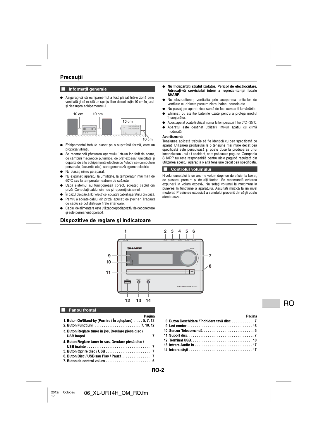 Sharp XL-UR14H operation manual Precauţii, Dispozitive de reglare şi indicatoare, RO-2 