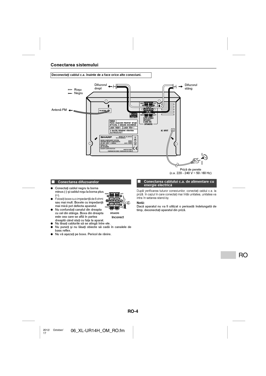 Sharp XL-UR14H operation manual Conectarea sistemului, RO-4, Conectarea difuzoarelor, Notă 