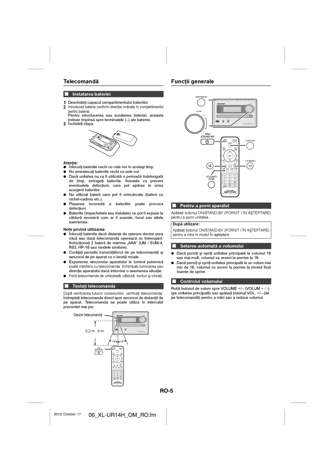 Sharp XL-UR14H operation manual Telecomandă, Funcţii generale, RO-5 