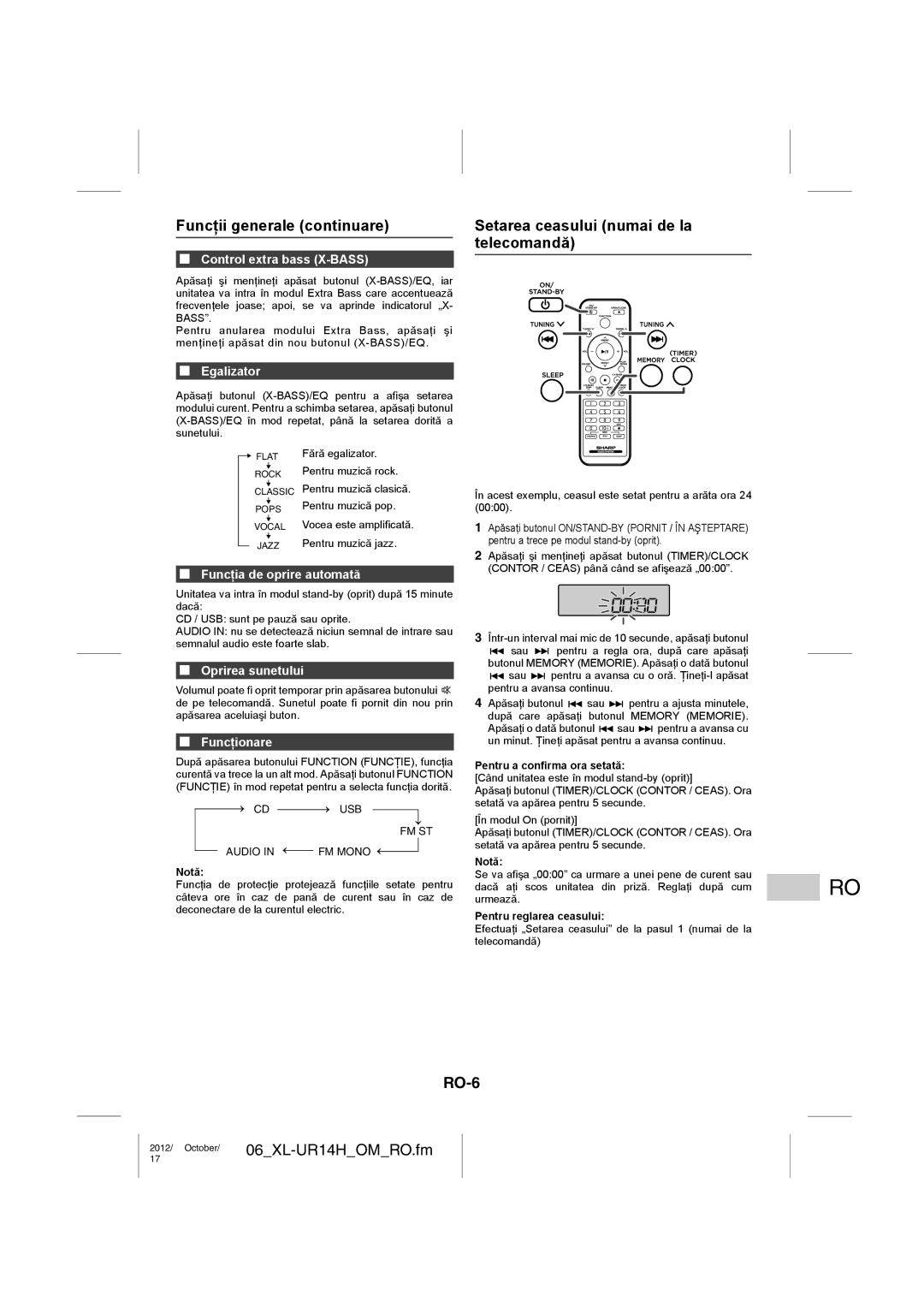 Sharp XL-UR14H operation manual Funcţii generale continuare, Setarea ceasului numai de la telecomandă, RO-6 