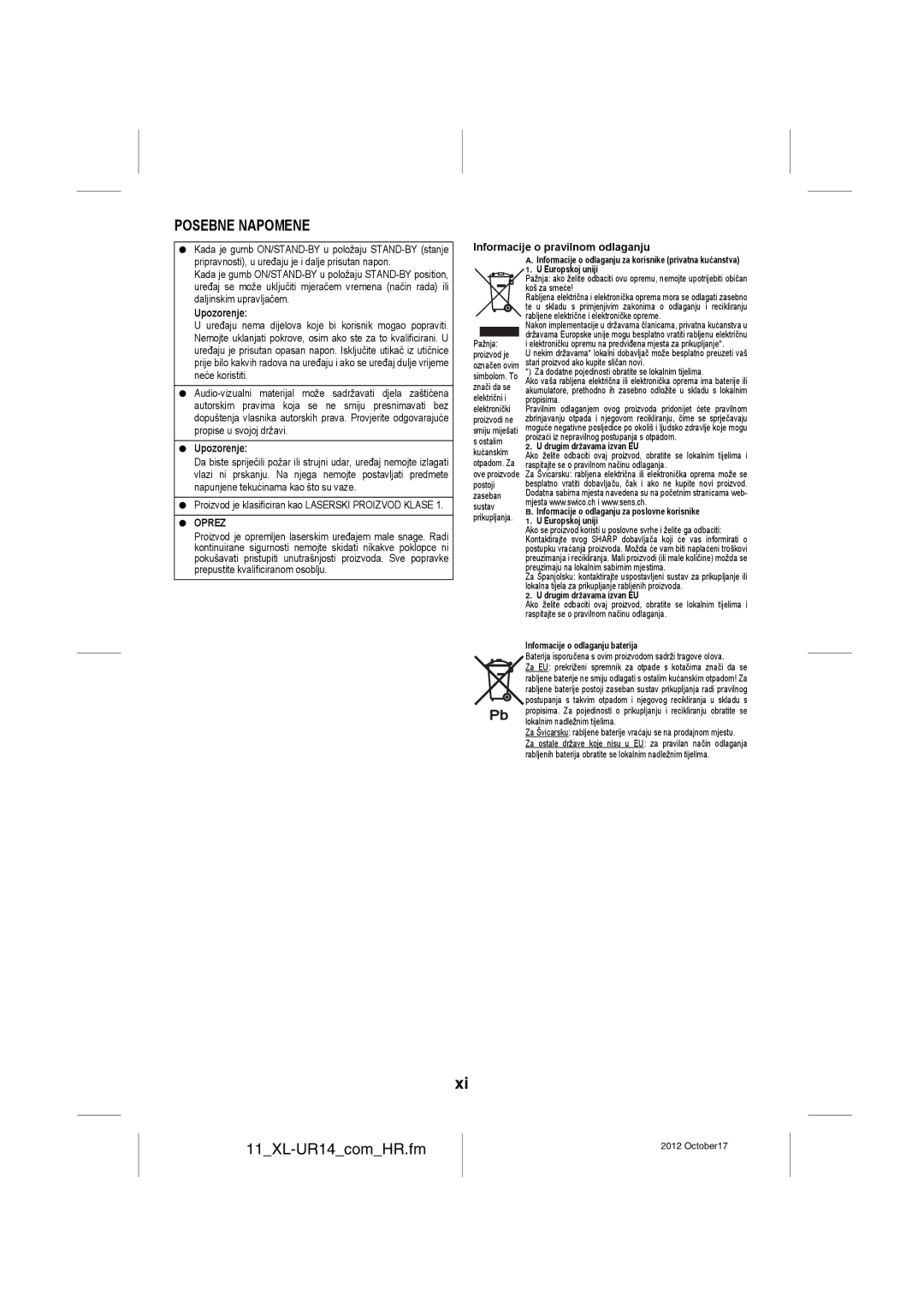 Sharp XL-UR14H operation manual Posebne Napomene, Informacije o pravilnom odlaganju 