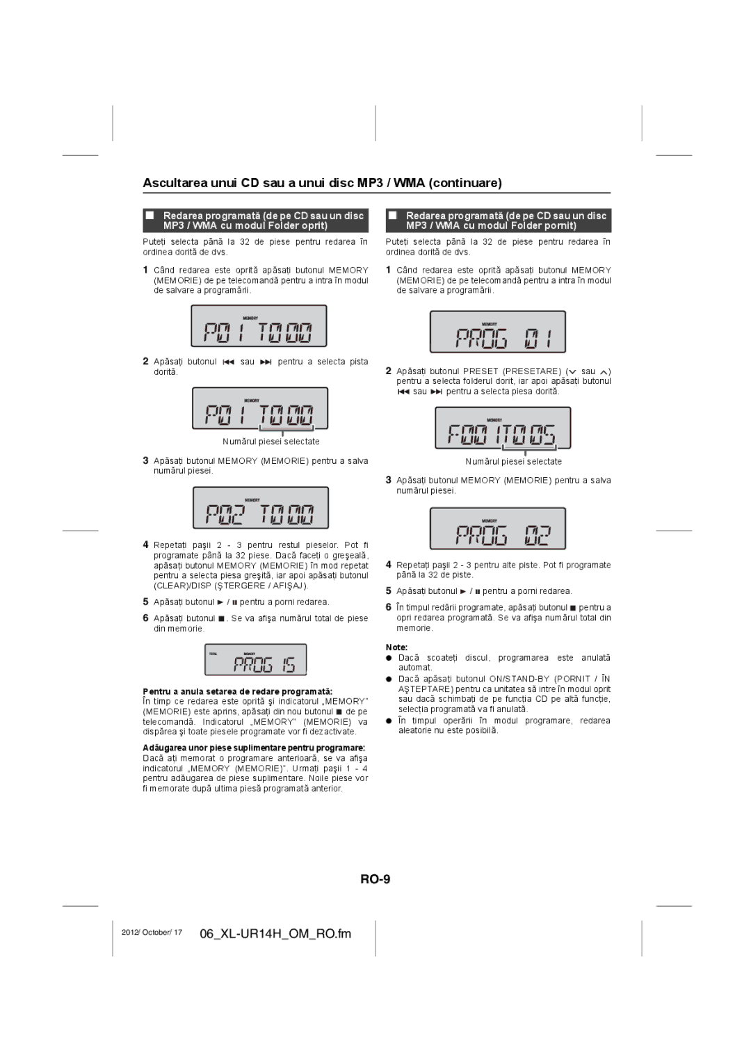 Sharp XL-UR14 RO-9, Pentru a anula setarea de redare programată, Adăugarea unor piese suplimentare pentru programare 