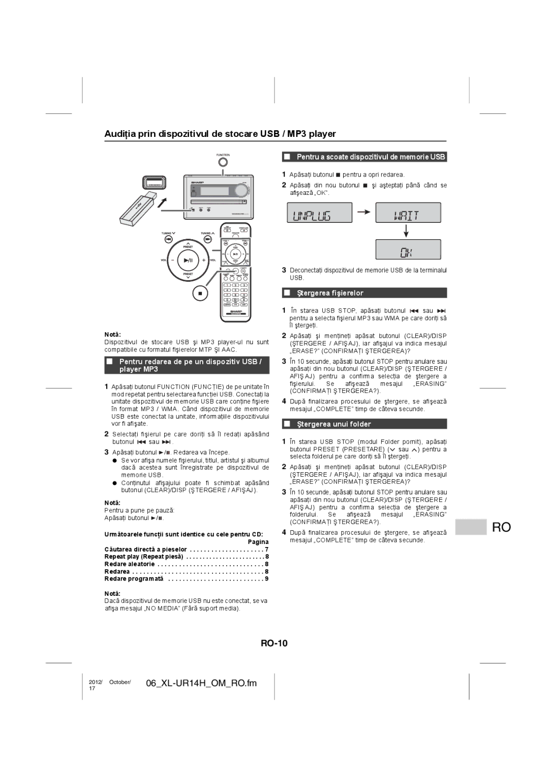 Sharp XL-UR14H Audiţia prin dispozitivul de stocare USB / MP3 player, RO-10, Ştergerea fişierelor, Ştergerea unui folder 