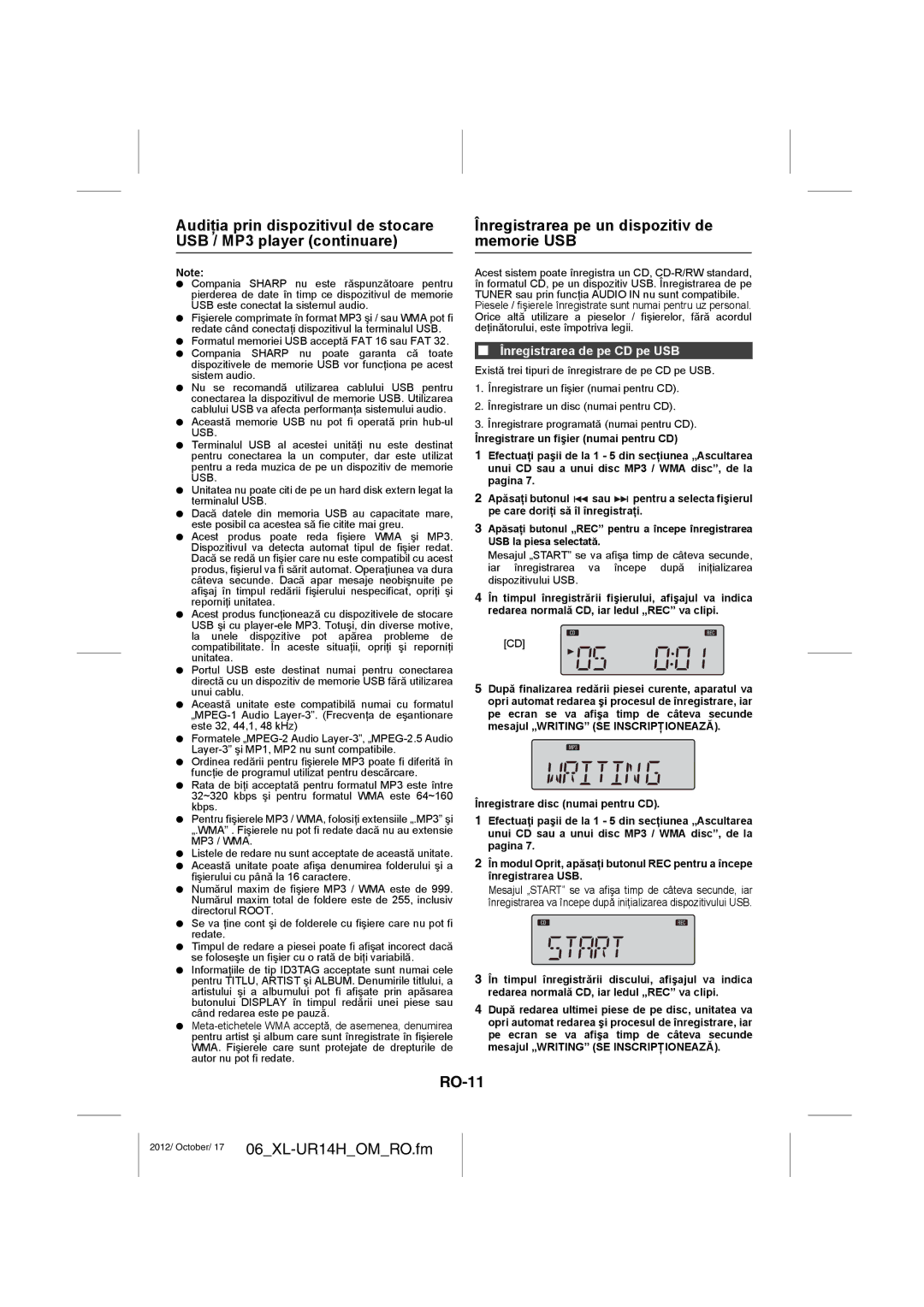 Sharp XL-UR14H operation manual Înregistrarea pe un dispozitiv de memorie USB, RO-11, Înregistrarea de pe CD pe USB 