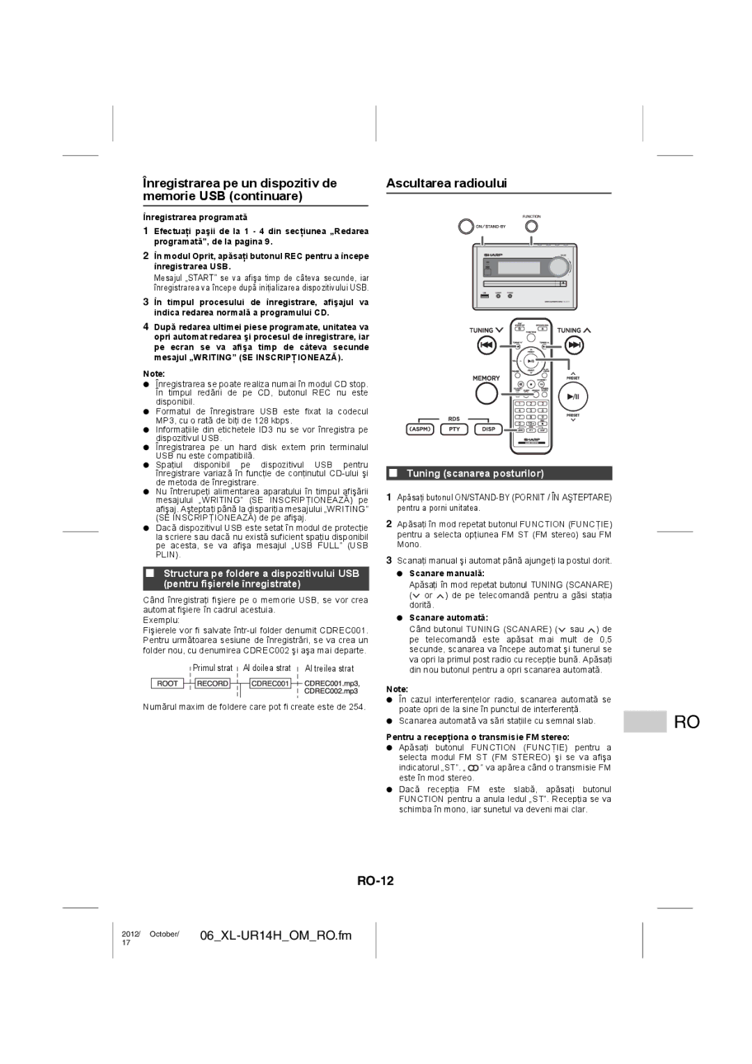 Sharp XL-UR14H operation manual Înregistrarea pe un dispozitiv de memorie USB continuare, Ascultarea radioului, RO-12 