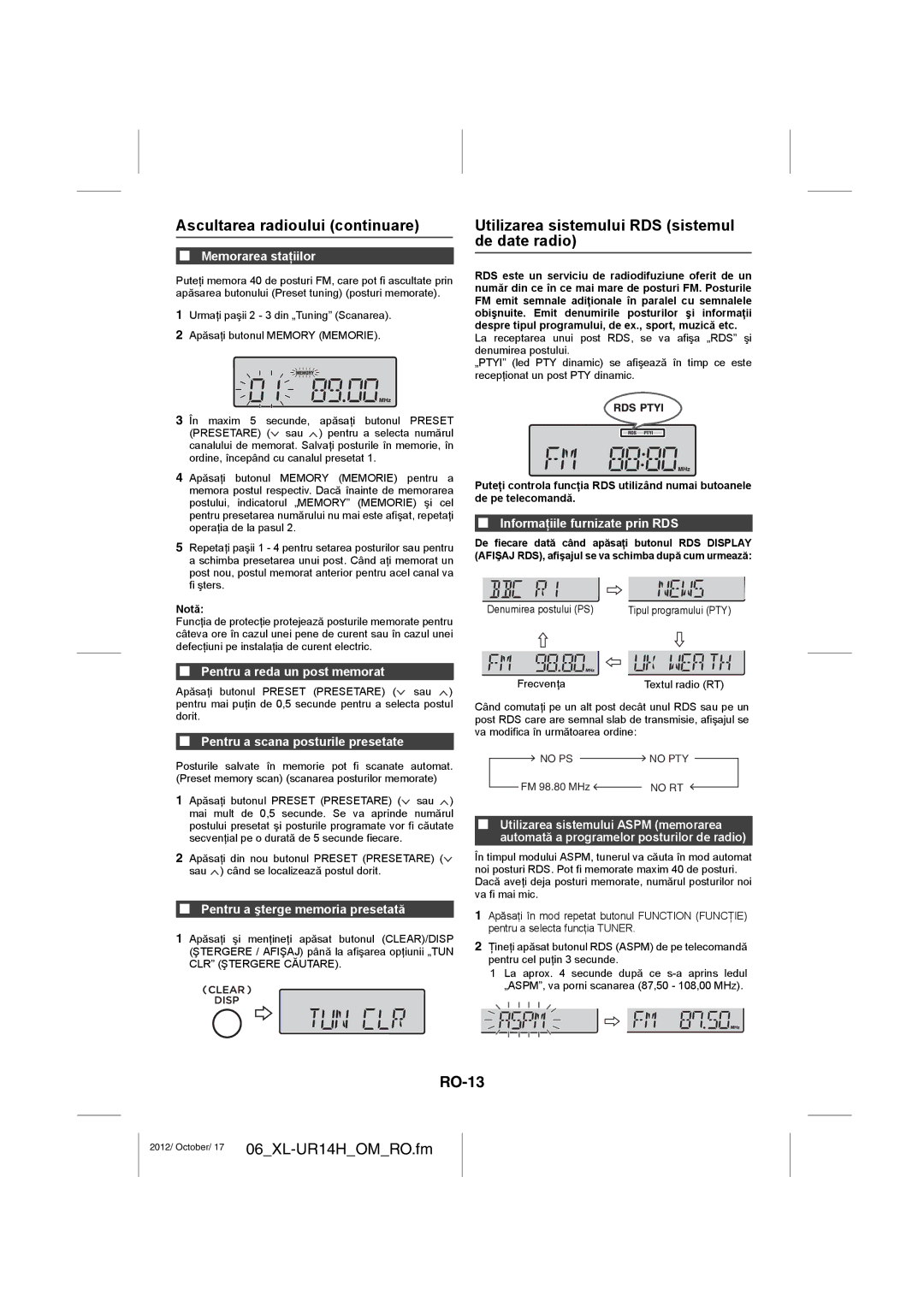 Sharp XL-UR14H operation manual Ascultarea radioului continuare, Utilizarea sistemului RDS sistemul de date radio, RO-13 