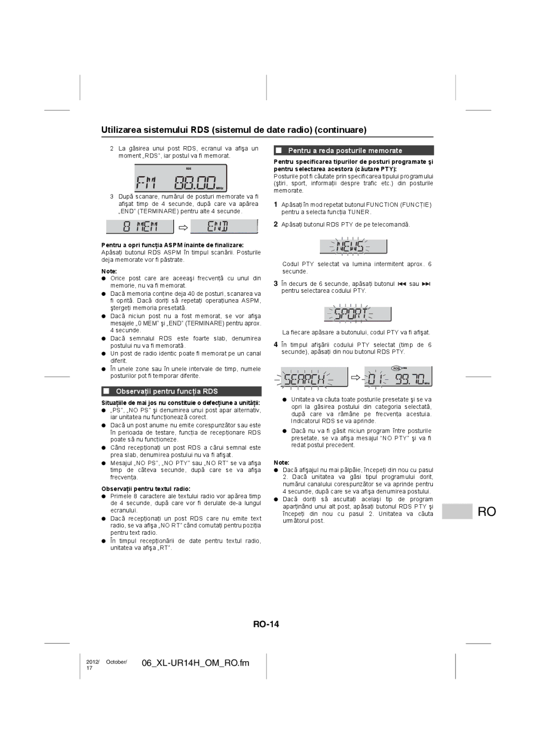 Sharp XL-UR14H Utilizarea sistemului RDS sistemul de date radio continuare, RO-14, Observaţii pentru funcţia RDS 