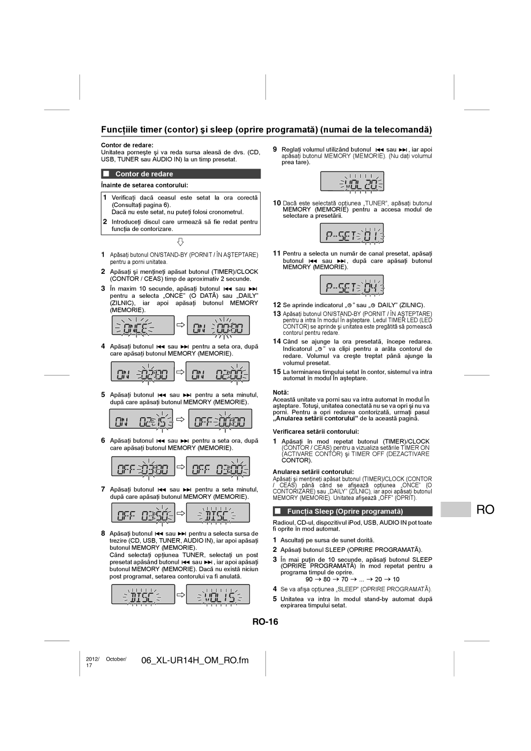 Sharp XL-UR14H operation manual RO-16, Contor de redare, Funcţia Sleep Oprire programată 