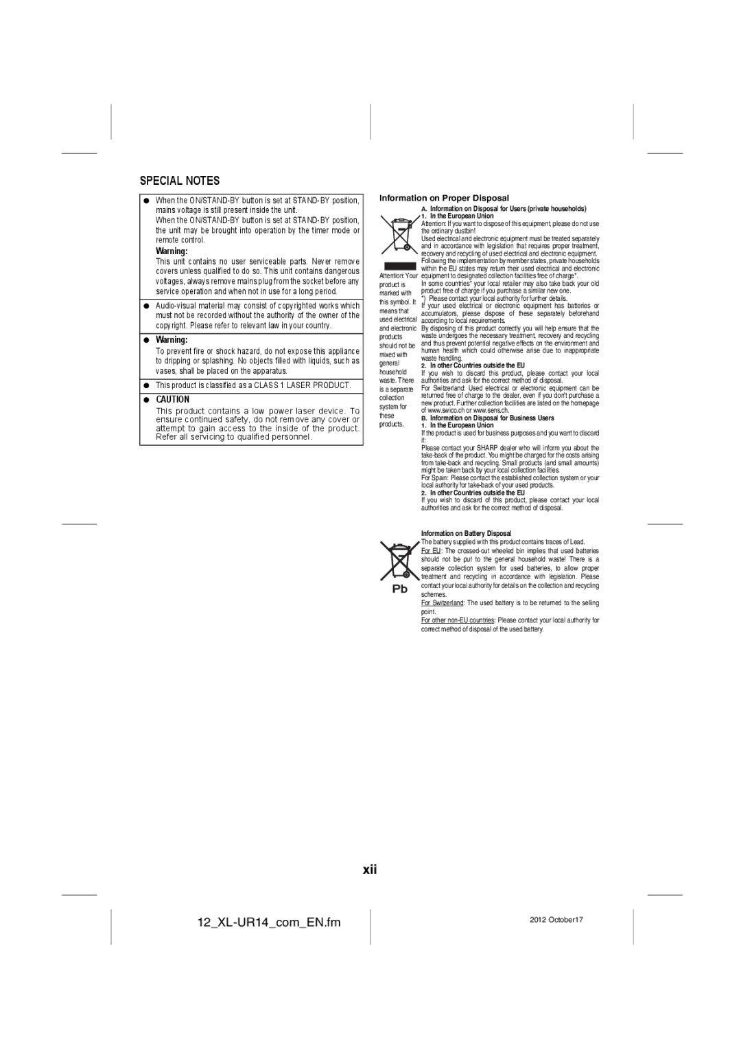 Sharp XL-UR14H operation manual Xii 