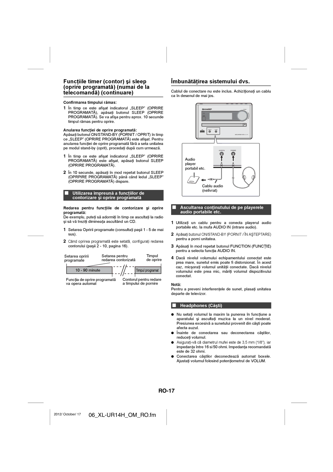 Sharp XL-UR14H Îmbunătăţirea sistemului dvs, RO-17, Ascultarea conţinutului de pe playerele audio portabile etc 