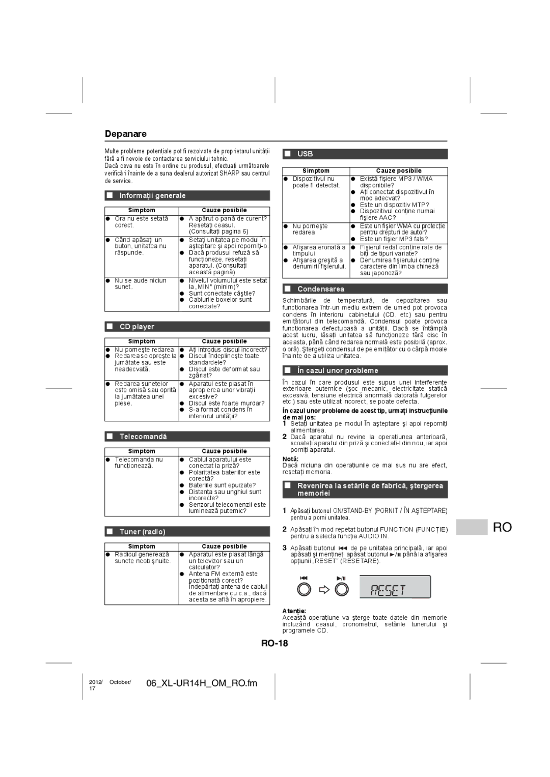 Sharp XL-UR14H operation manual Depanare, RO-18 