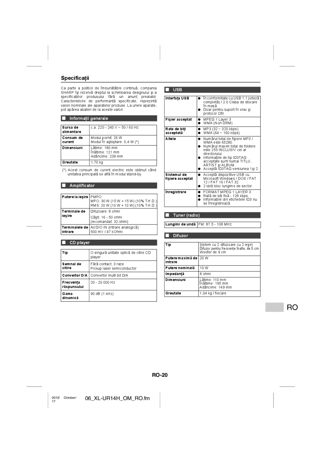 Sharp XL-UR14H operation manual Specificaţii, RO-20, Amplificator, Difuzor 