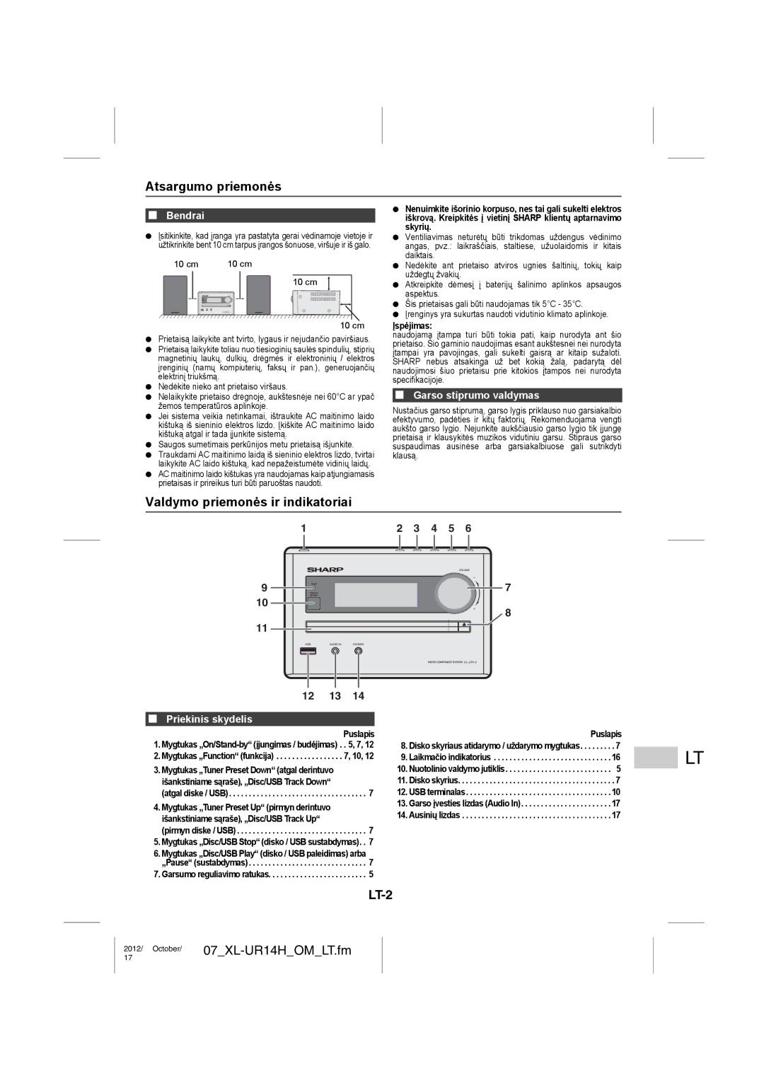 Sharp XL-UR14H operation manual Atsargumo priemonės, Valdymo priemonės ir indikatoriai, LT-2 