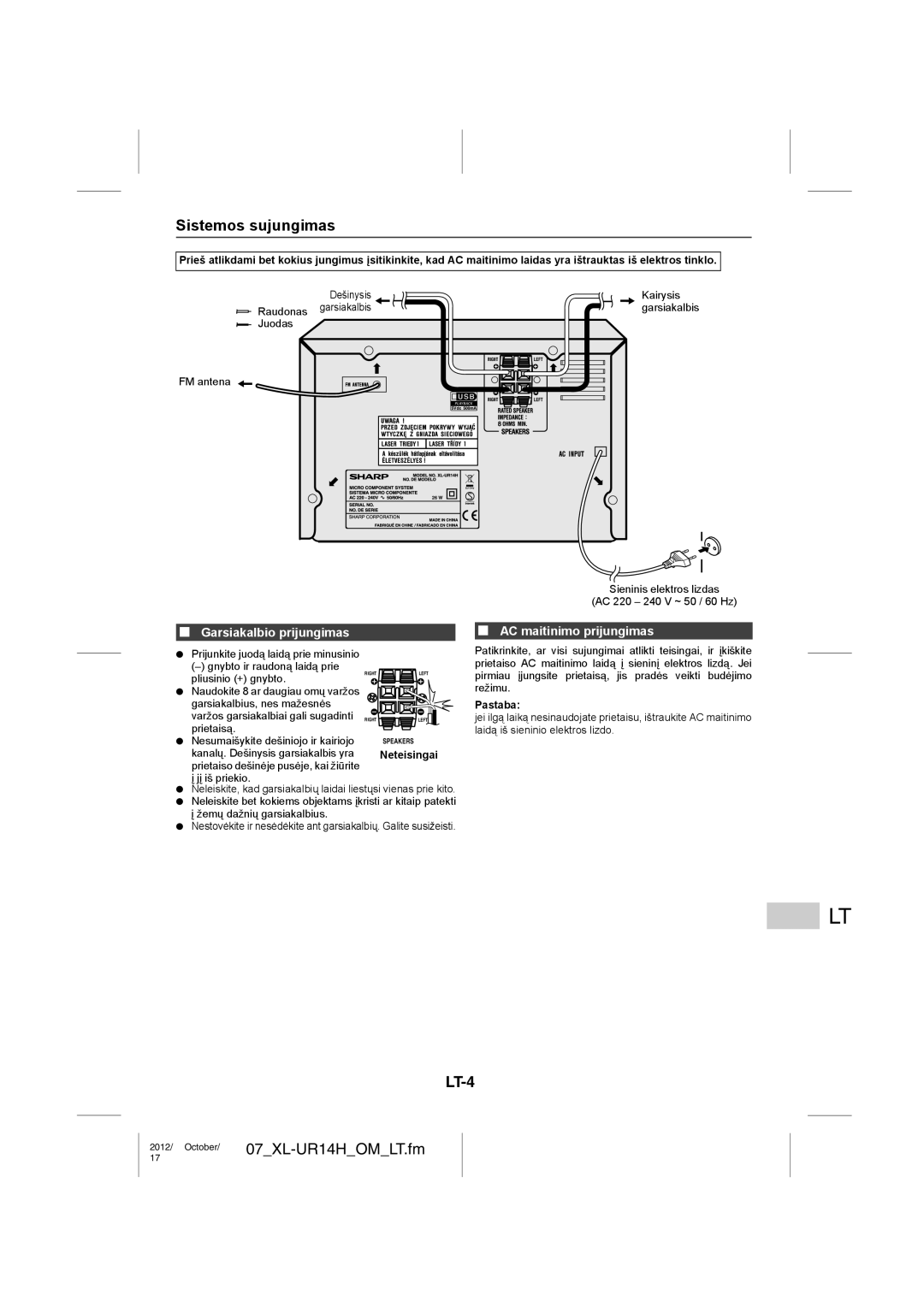 Sharp XL-UR14H operation manual Sistemos sujungimas, LT-4, Garsiakalbio prijungimas, AC maitinimo prijungimas 