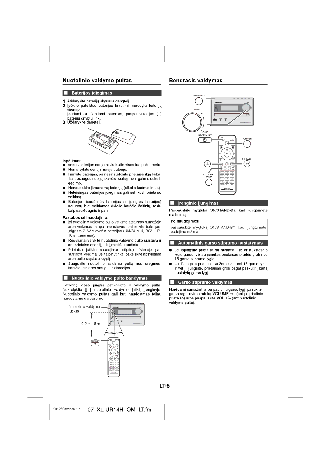 Sharp XL-UR14H operation manual Nuotolinio valdymo pultas, Bendrasis valdymas, LT-5 