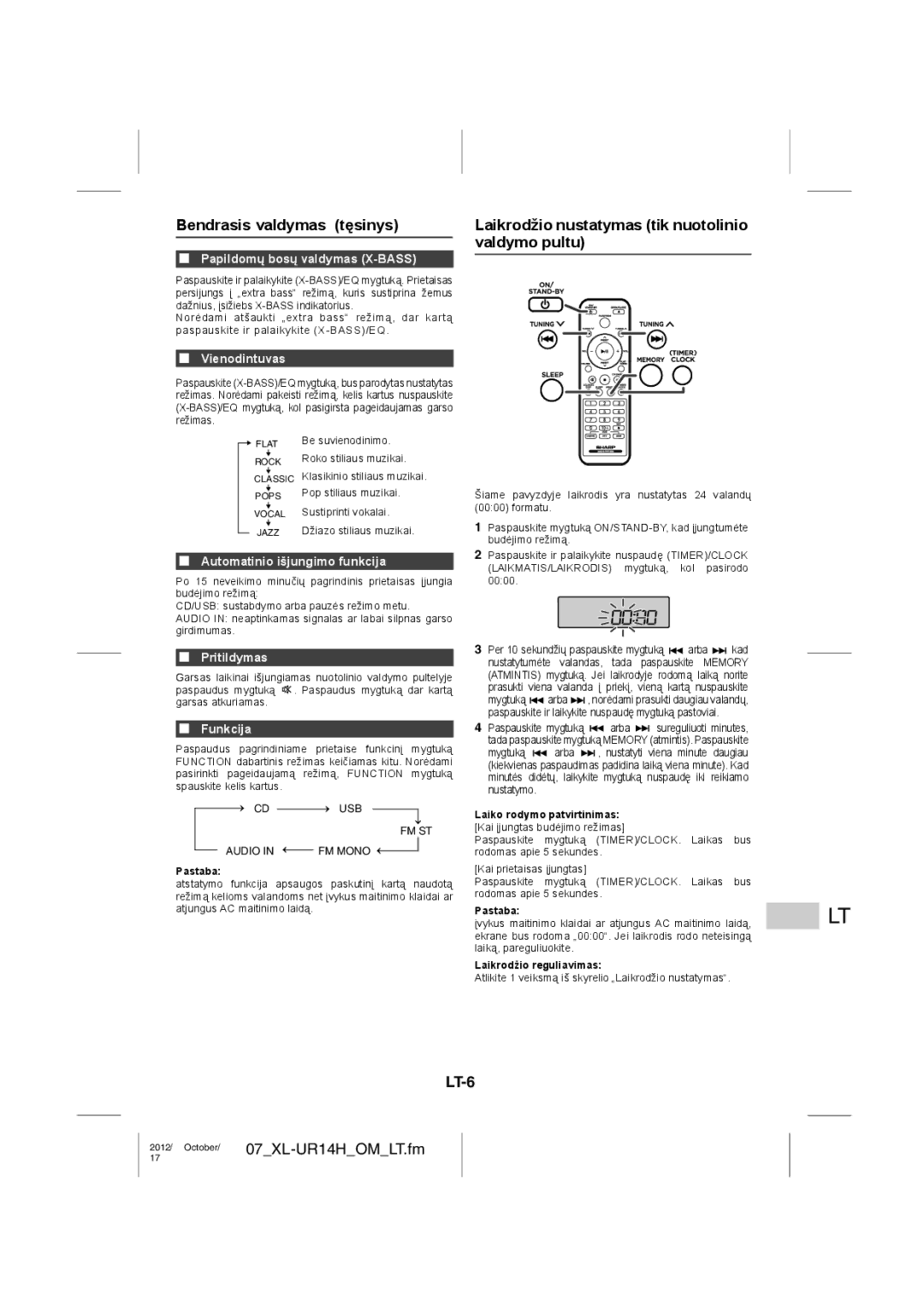 Sharp XL-UR14H operation manual Bendrasis valdymas tęsinys, Laikrodžio nustatymas tik nuotolinio valdymo pultu, LT-6 