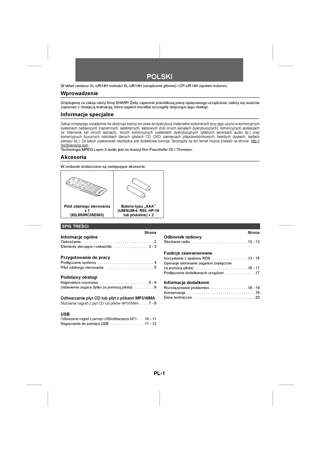 Sharp XL-UR14H operation manual Wprowadzenie, Informacje specjalne, Akcesoria, PL-1 