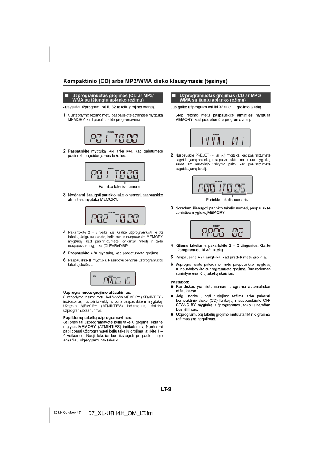 Sharp XL-UR14H operation manual LT-9, Užprogramuoto grojimo atšaukimas, Papildomų takelių užprogramavimas 