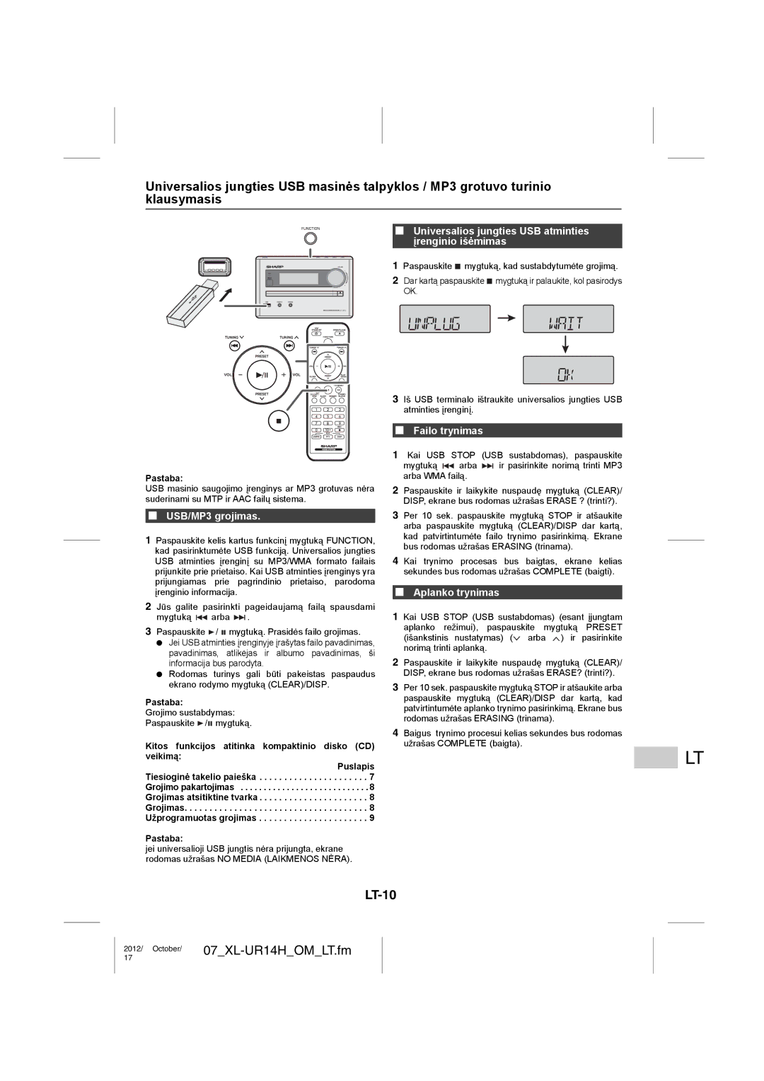 Sharp XL-UR14H LT-10, Universalios jungties USB atminties įrenginio išėmimas, Failo trynimas, USB/MP3 grojimas 